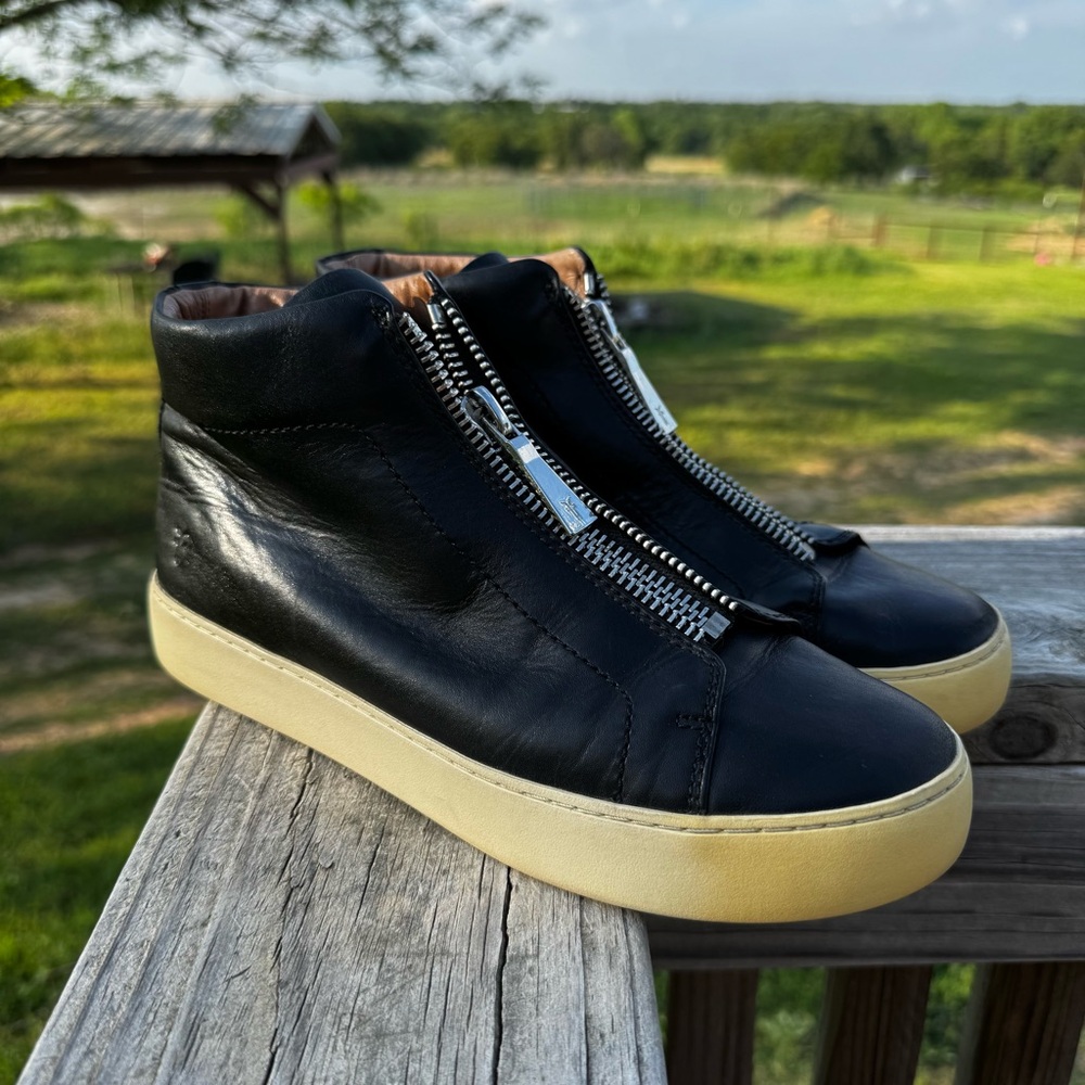 Frye Black Leather Lena Zip-Front Ankle Sneakers with Cream Sole